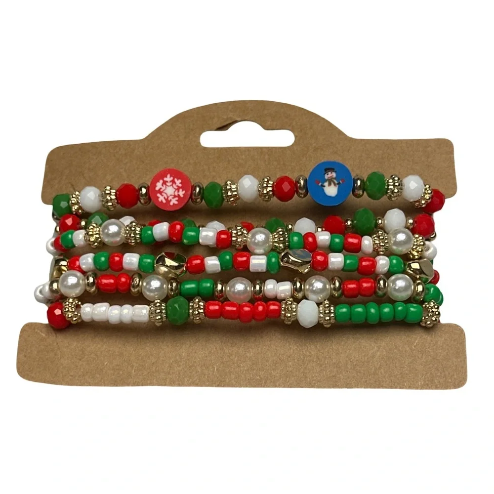 Festive Stretchy Christmas Beaded Bracelet Set Red Green Gold Holiday Jewelry